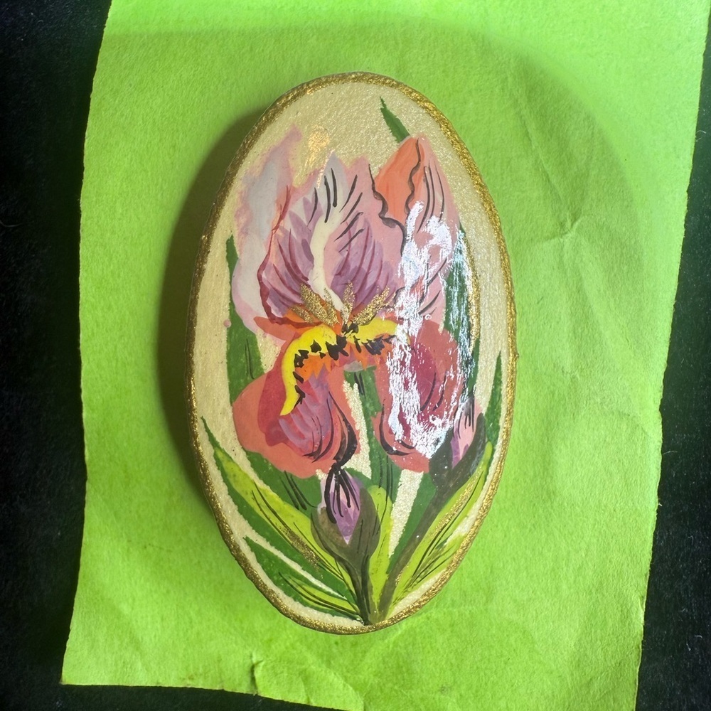 Vintage Hand Painted Orchid Lacquer Brooch Russian Folk Art Floral